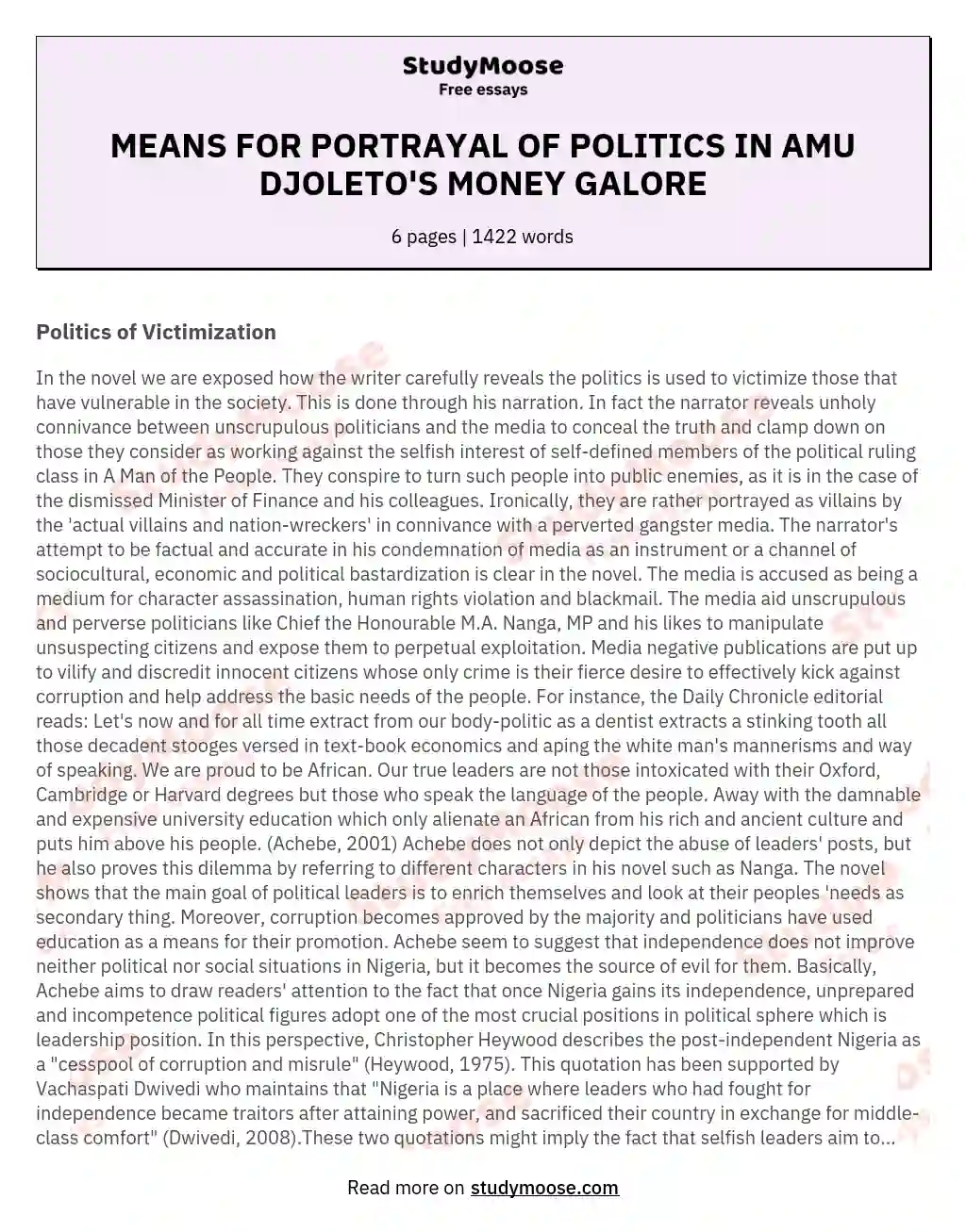 MEANS FOR PORTRAYAL OF POLITICS IN AMU DJOLETO'S MONEY GALORE essay