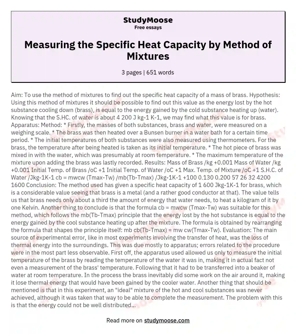 Measuring the Specific Heat Capacity by Method of Mixtures essay