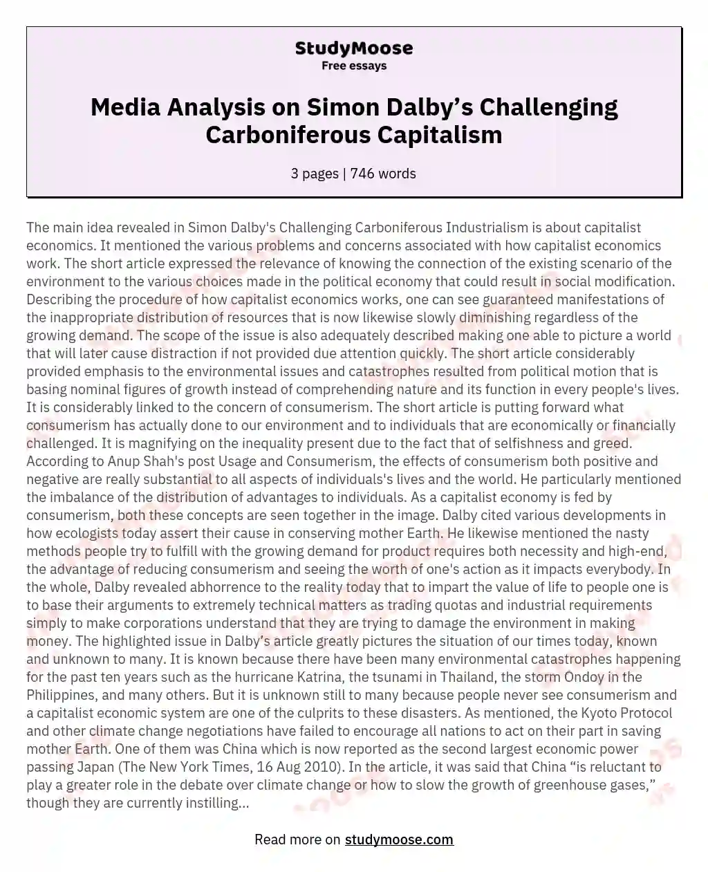 Media Analysis on Simon Dalby’s Challenging Carboniferous Capitalism essay