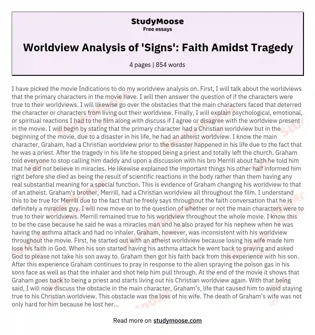Worldview Analysis of 'Signs': Faith Amidst Tragedy essay