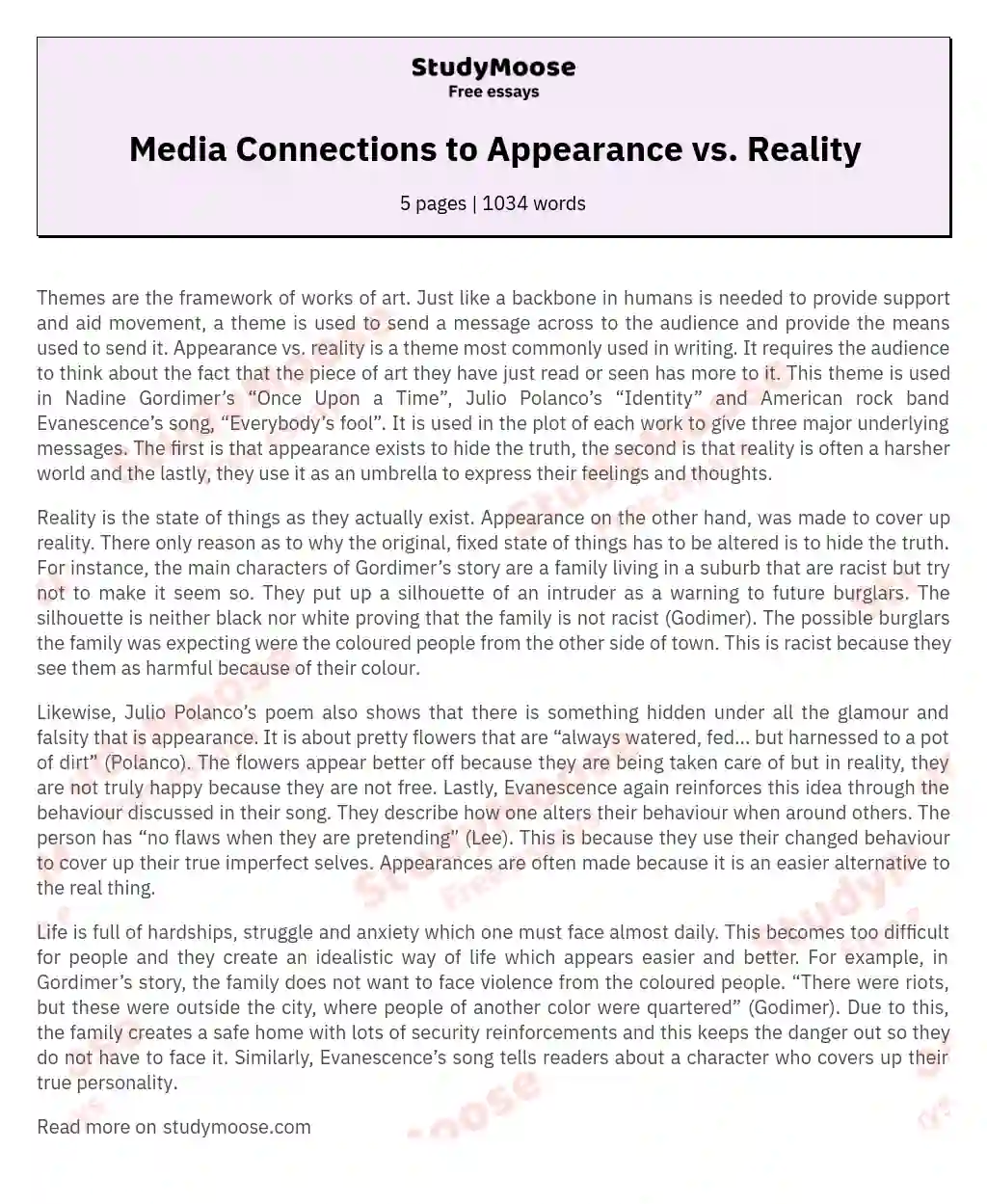 Media Connections to Appearance vs. Reality essay