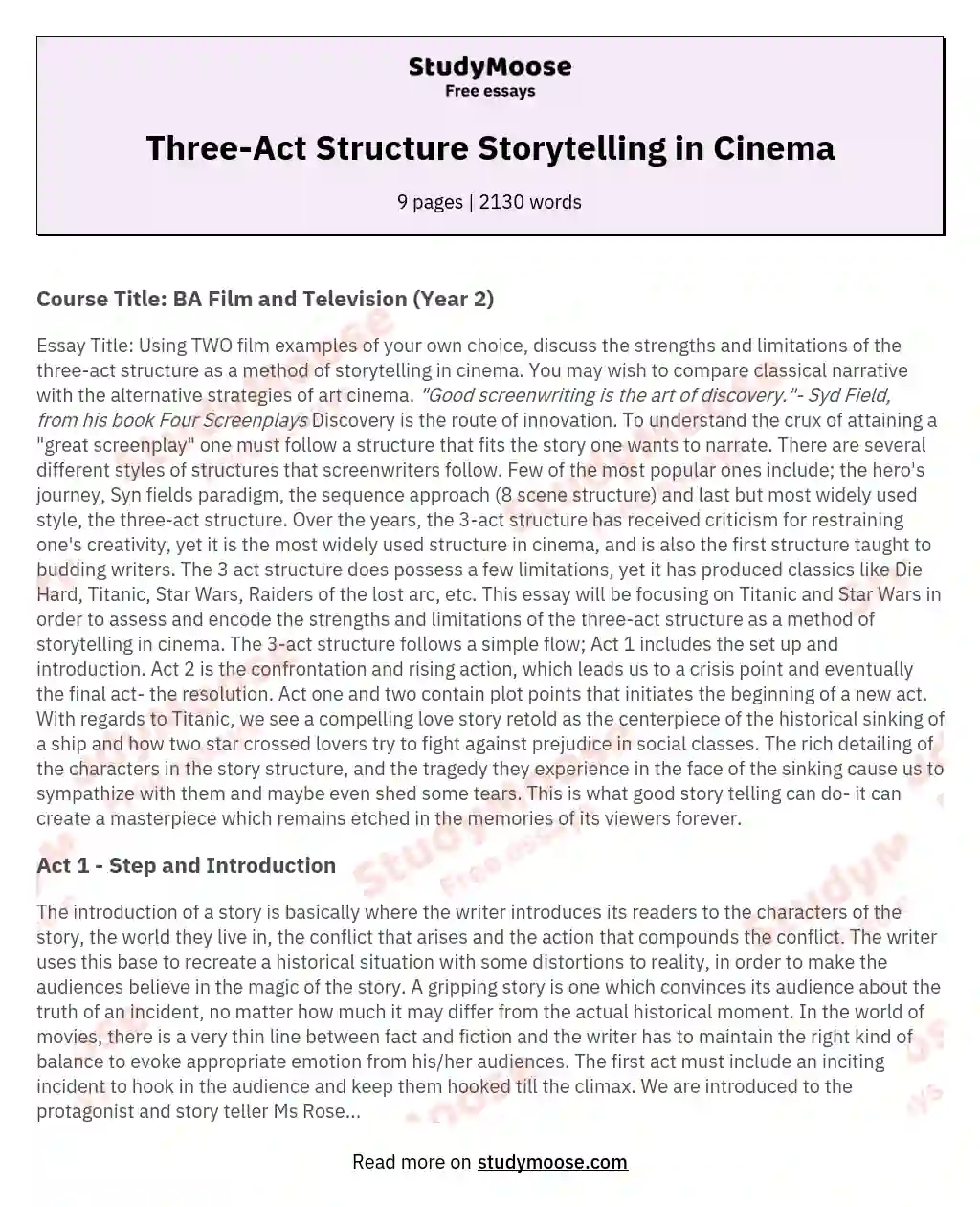 Three-Act Structure Storytelling in Cinema essay