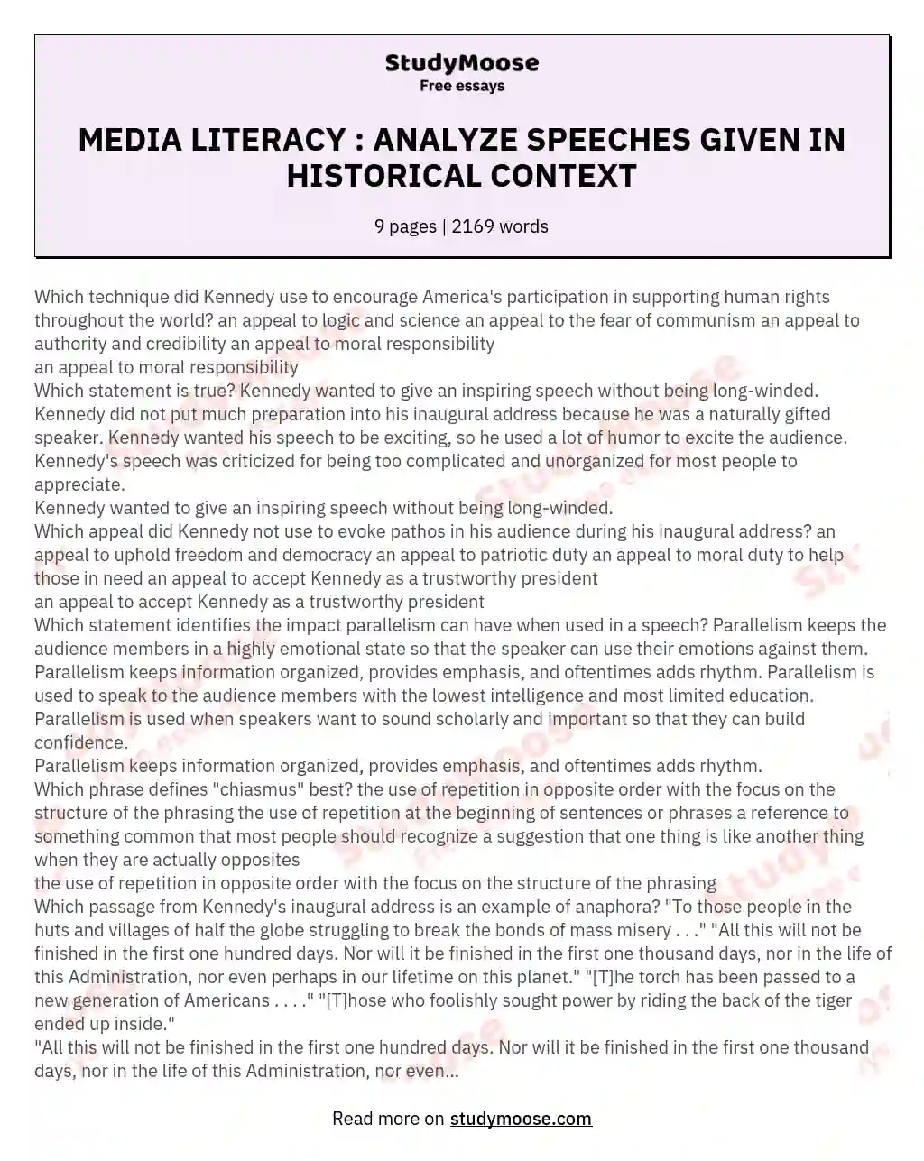 MEDIA LITERACY : ANALYZE SPEECHES GIVEN IN HISTORICAL CONTEXT essay