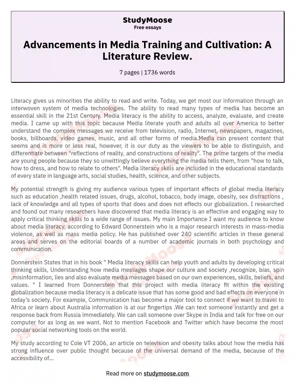 Advancements in Media Training and Cultivation: A Literature Review. essay