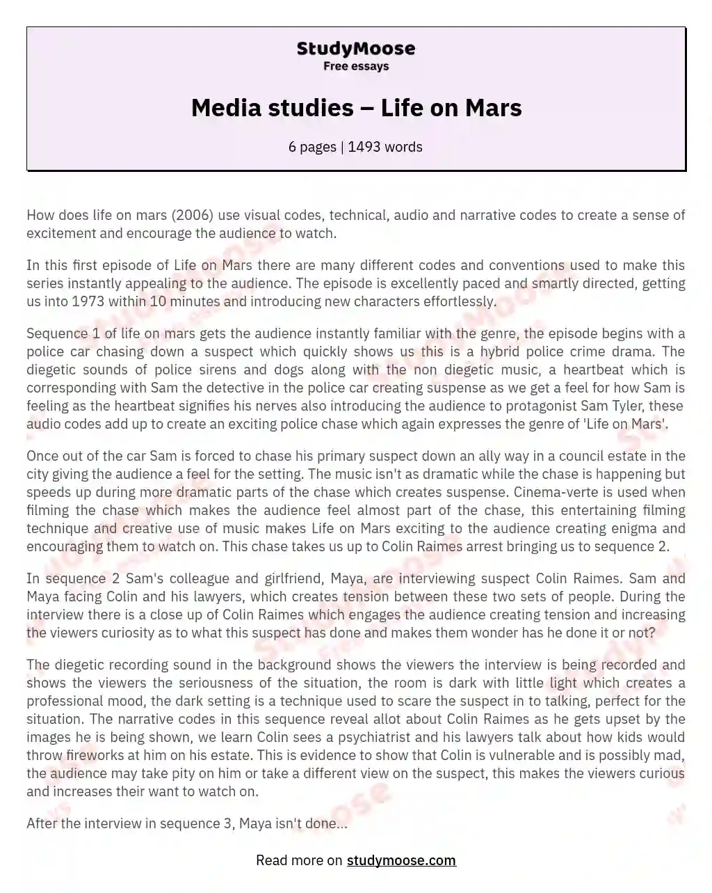Media studies – Life on Mars essay
