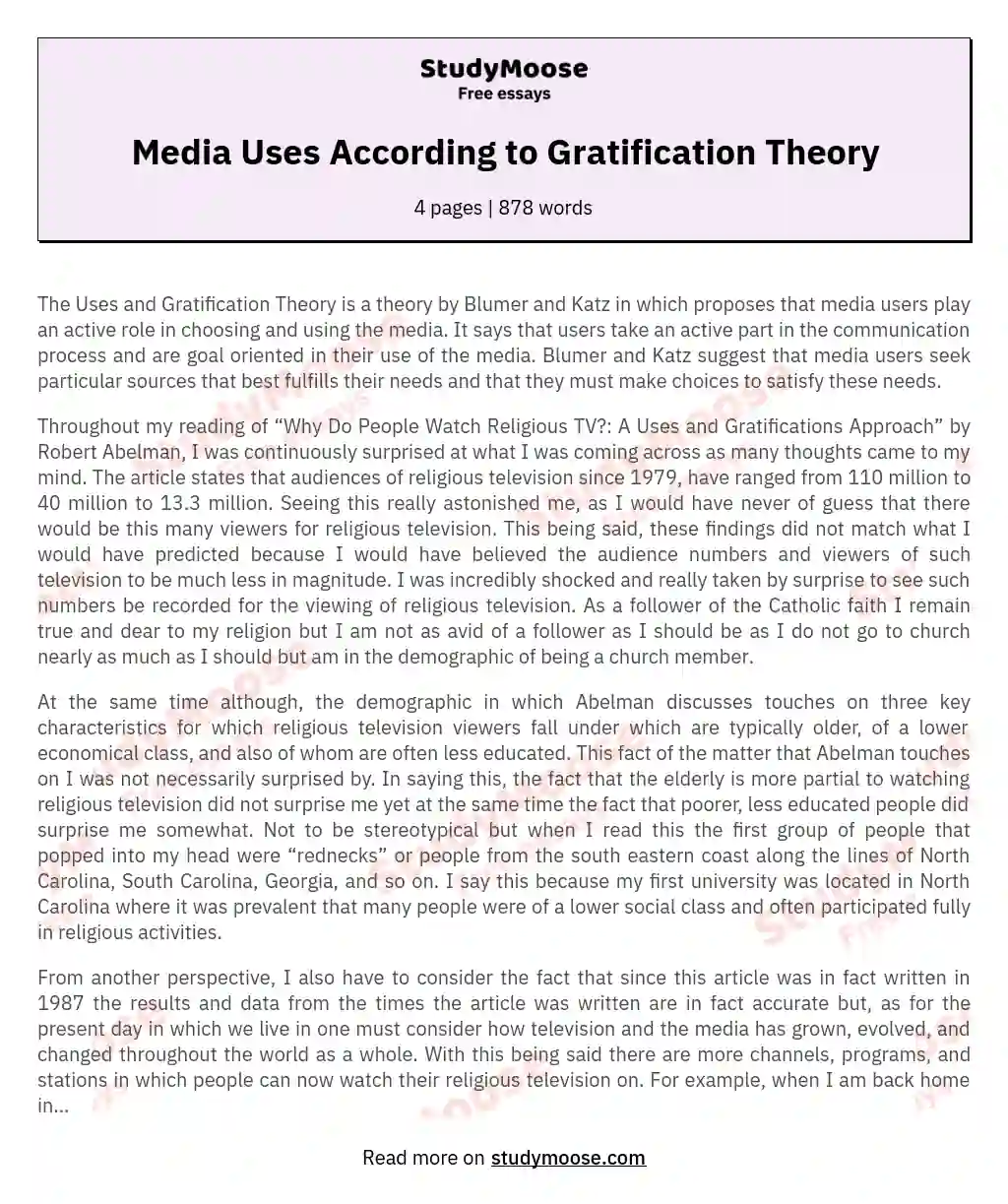 Media Uses According to Gratification Theory