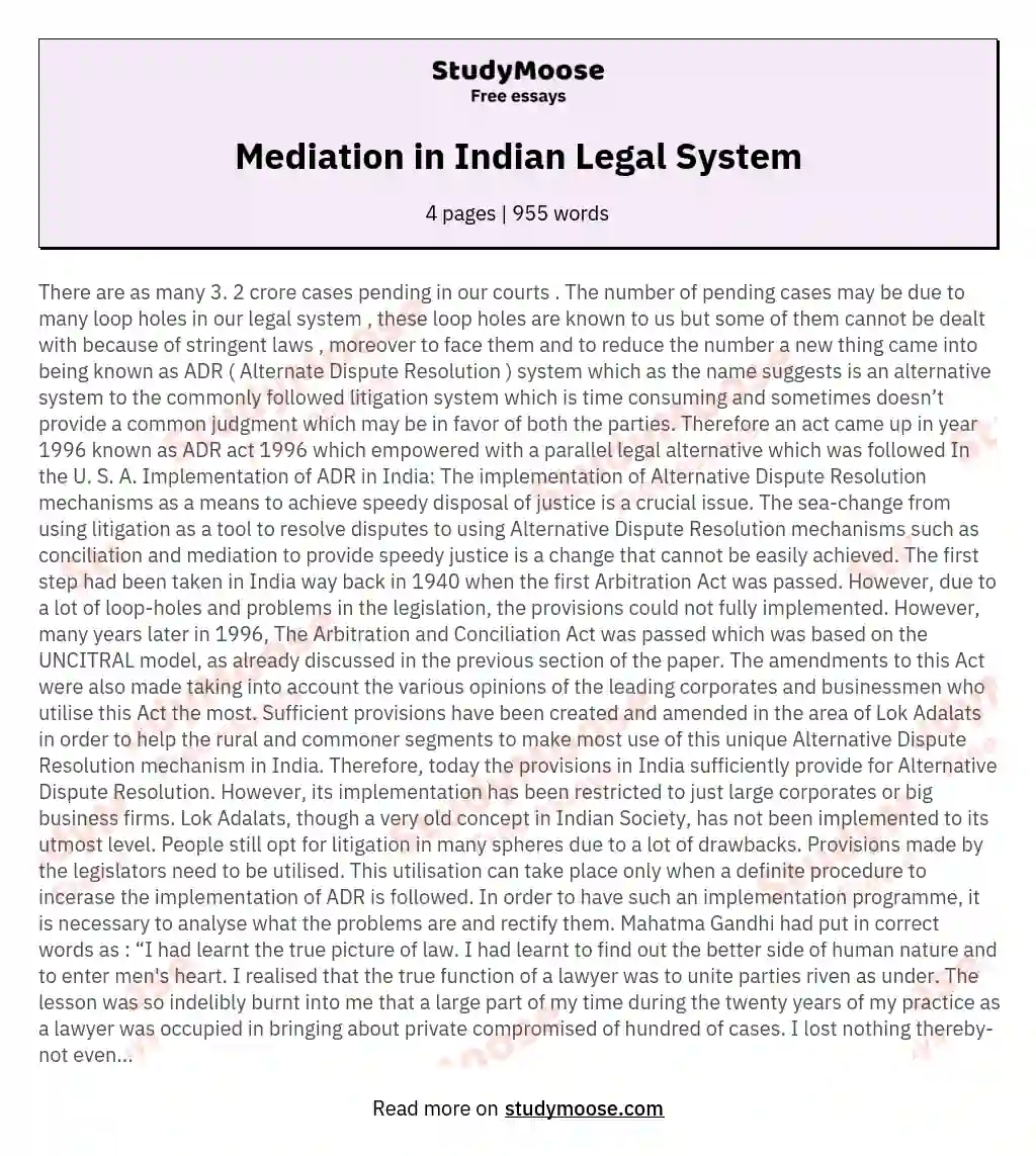 Mediation in Indian Legal System essay