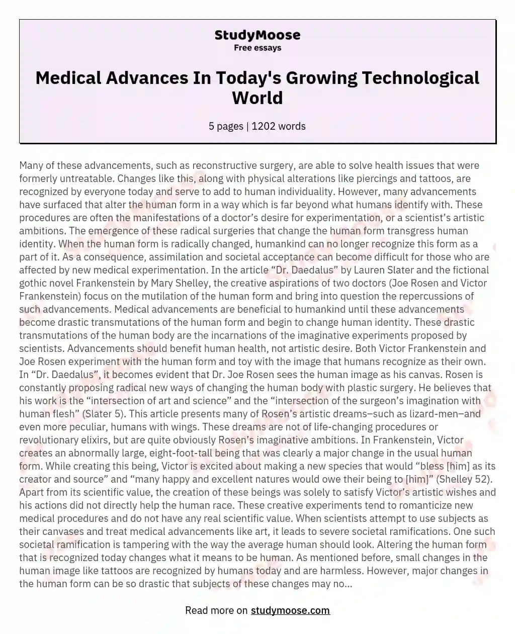Medical Advances In Today's Growing Technological World essay