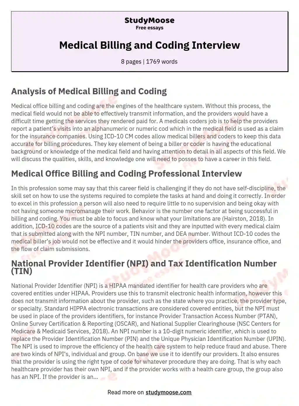 Medical Billing and Coding Interview essay