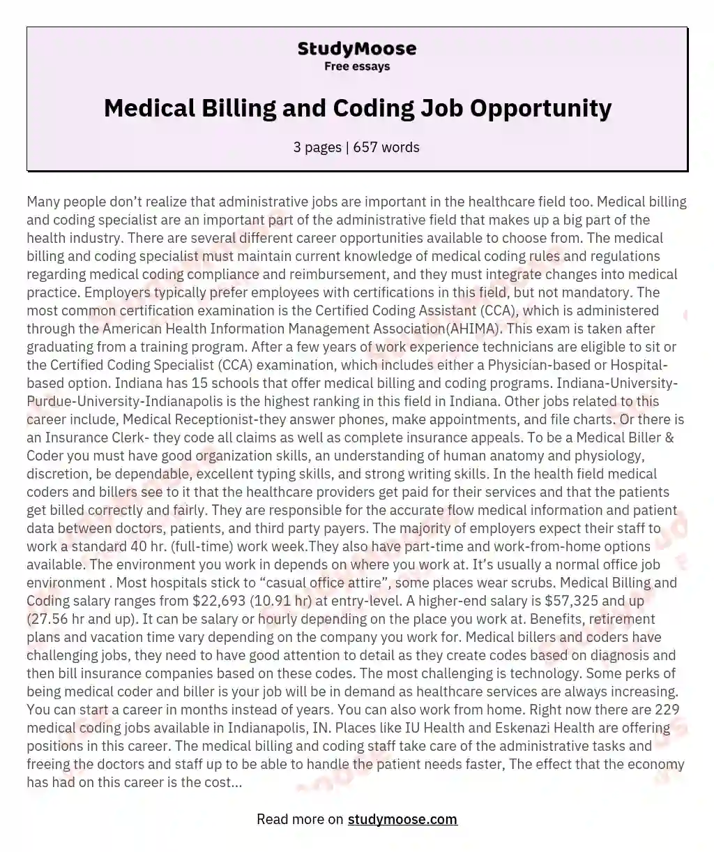 Medical Billing and Coding Job Opportunity essay