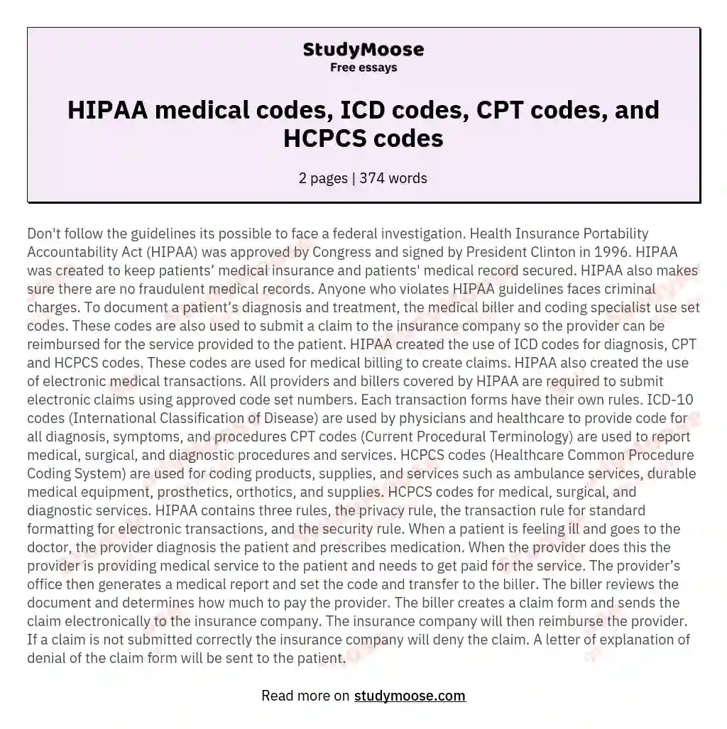 HIPAA medical codes, ICD codes, CPT codes, and HCPCS codes essay