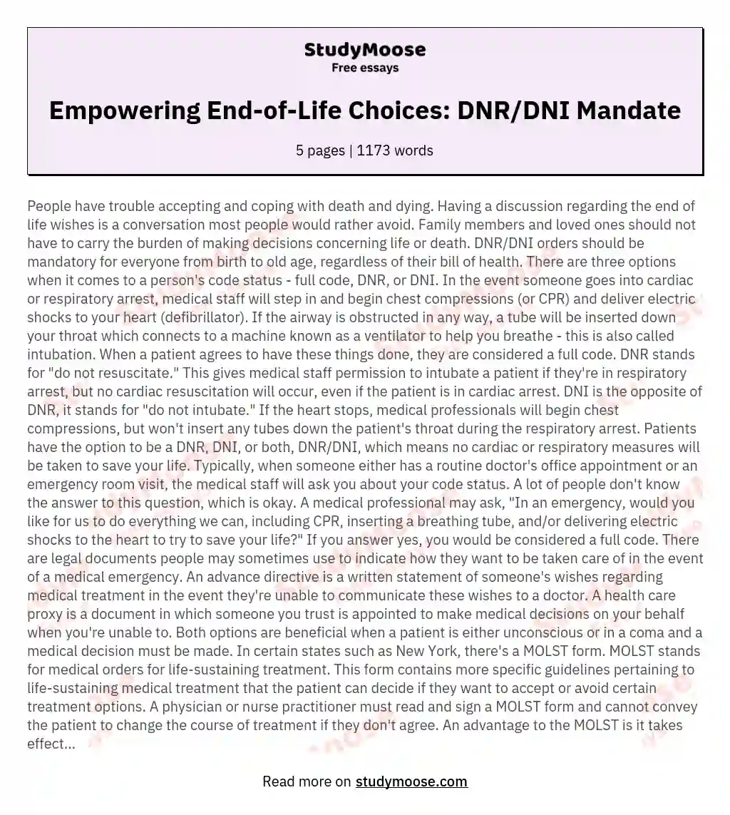 Empowering End-of-Life Choices: DNR/DNI Mandate essay