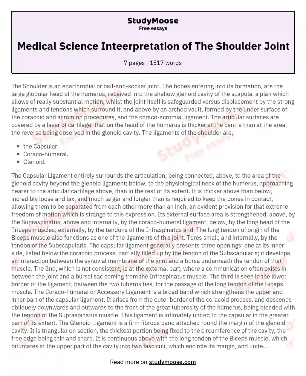 Medical Science Inteerpretation of The Shoulder Joint essay
