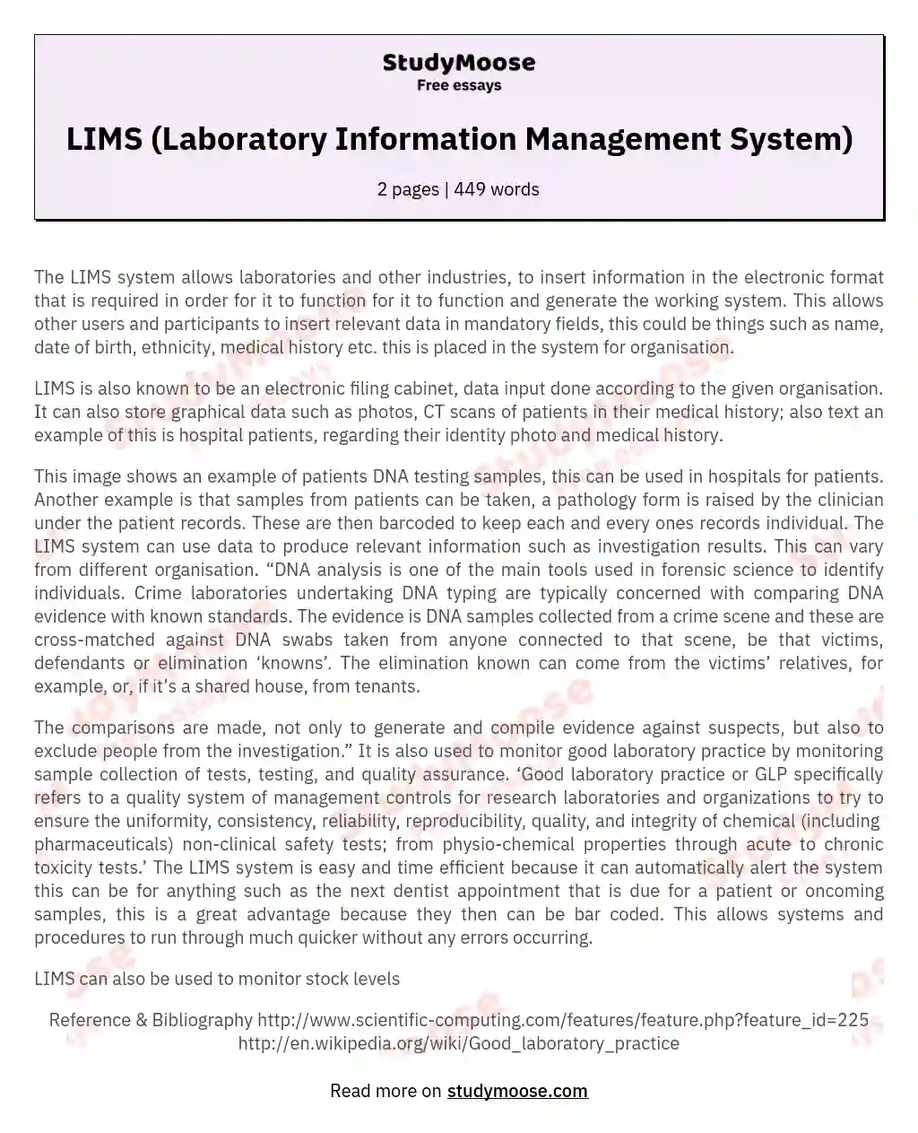 LIMS (Laboratory Information Management System) essay