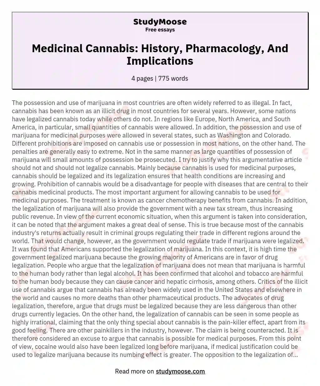 Medicinal Cannabis: History, Pharmacology, And Implications essay