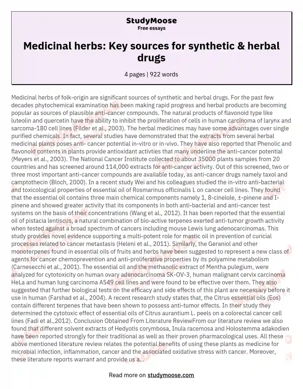 Medicinal herbs: Key sources for synthetic & herbal drugs essay
