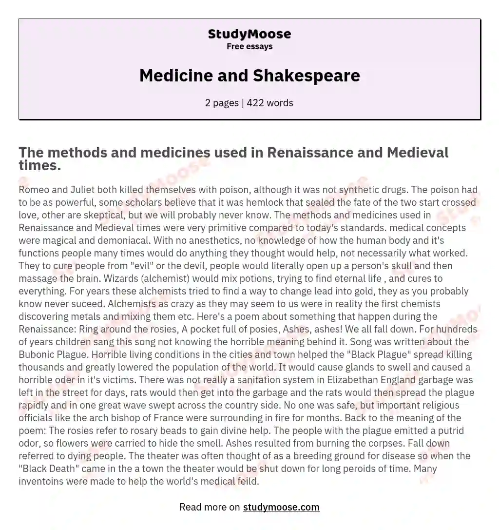 Medicine and Shakespeare essay