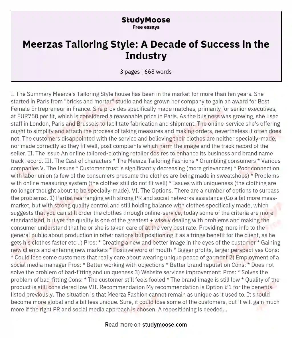 Meerzas Tailoring Style: A Decade of Success in the Industry essay