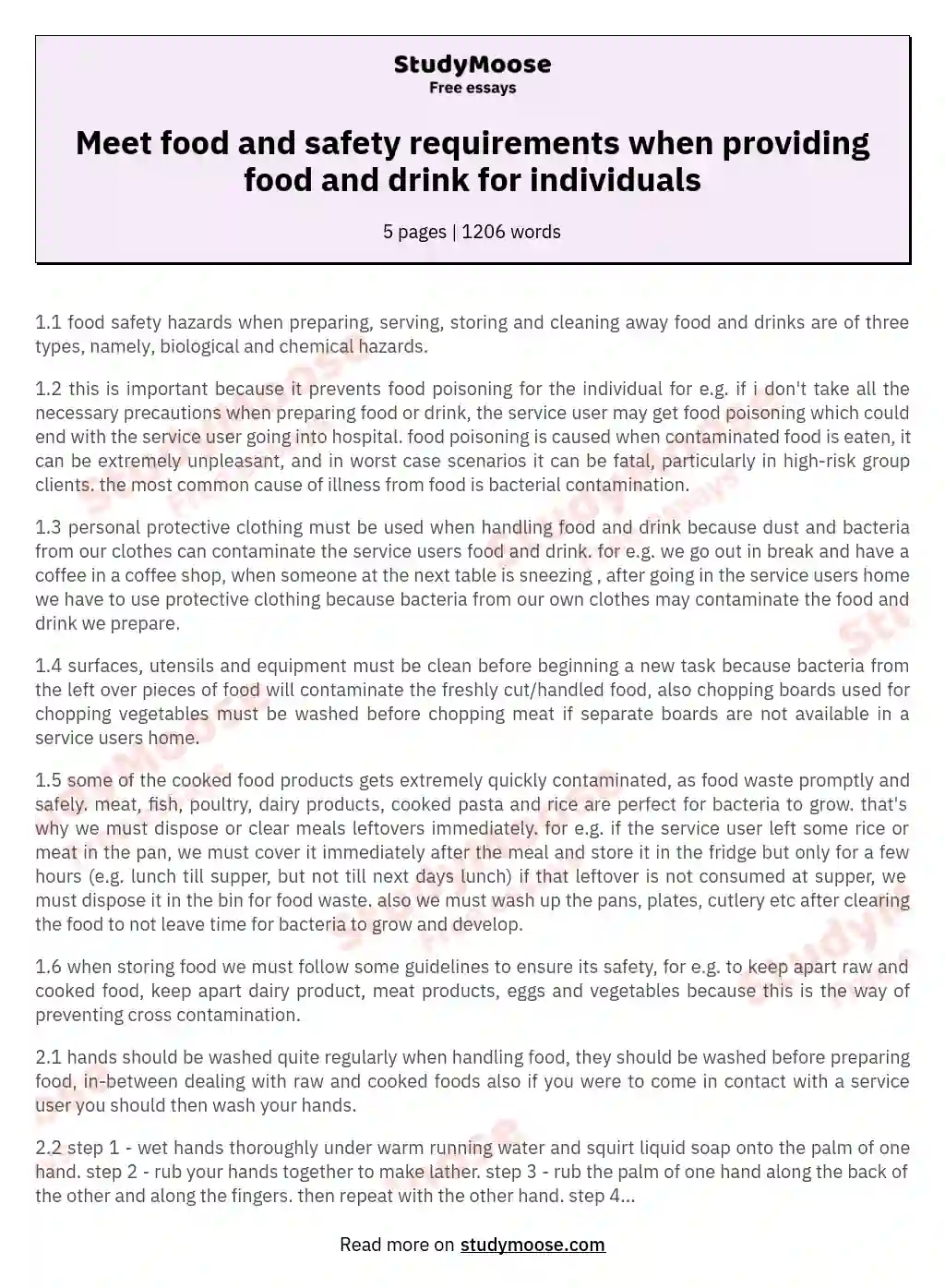 Meet food and safety requirements when providing food and drink for individuals essay