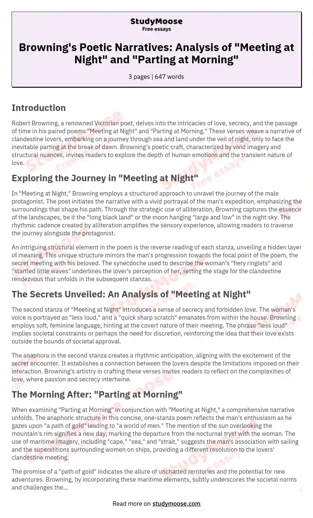 Browning's Poetic Narratives: Analysis of "Meeting at Night" and "Parting at Morning" essay