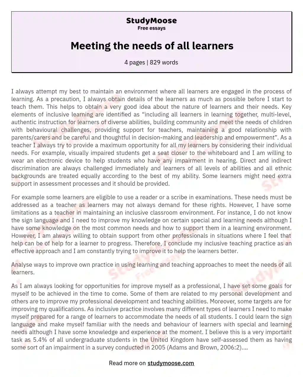 Meeting the needs of all learners essay