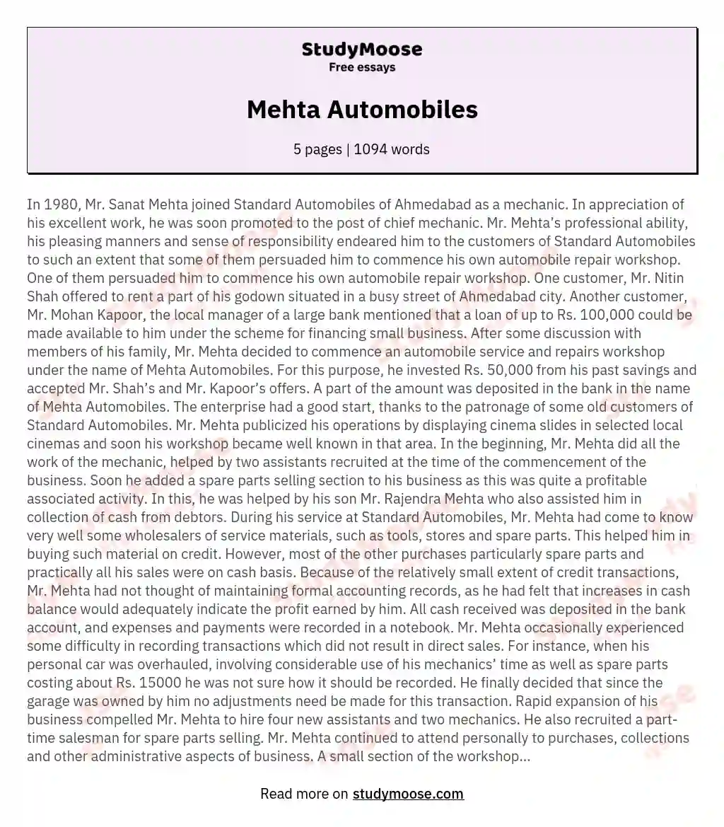 Mehta Automobiles essay
