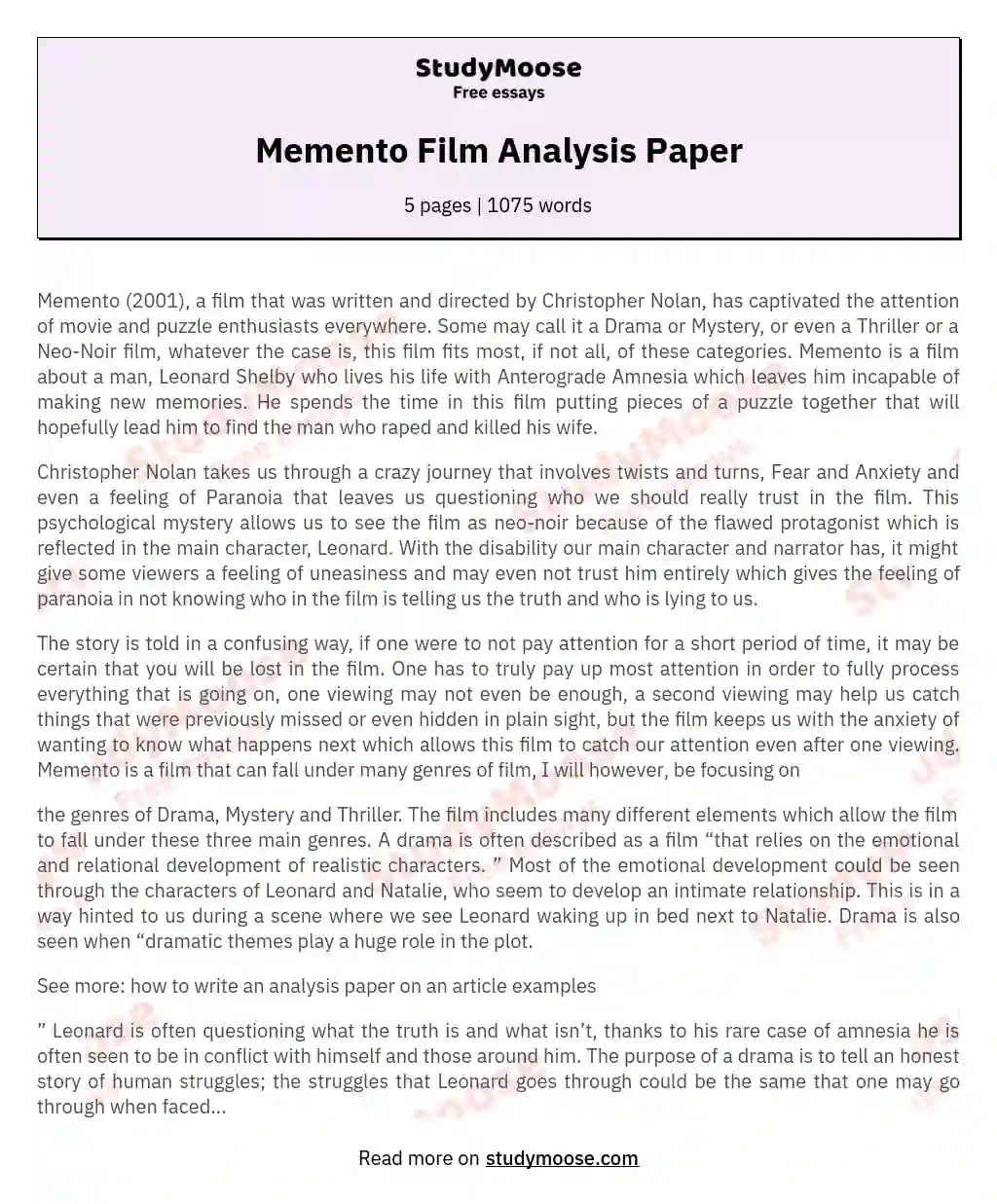 Memento Film Analysis Paper essay