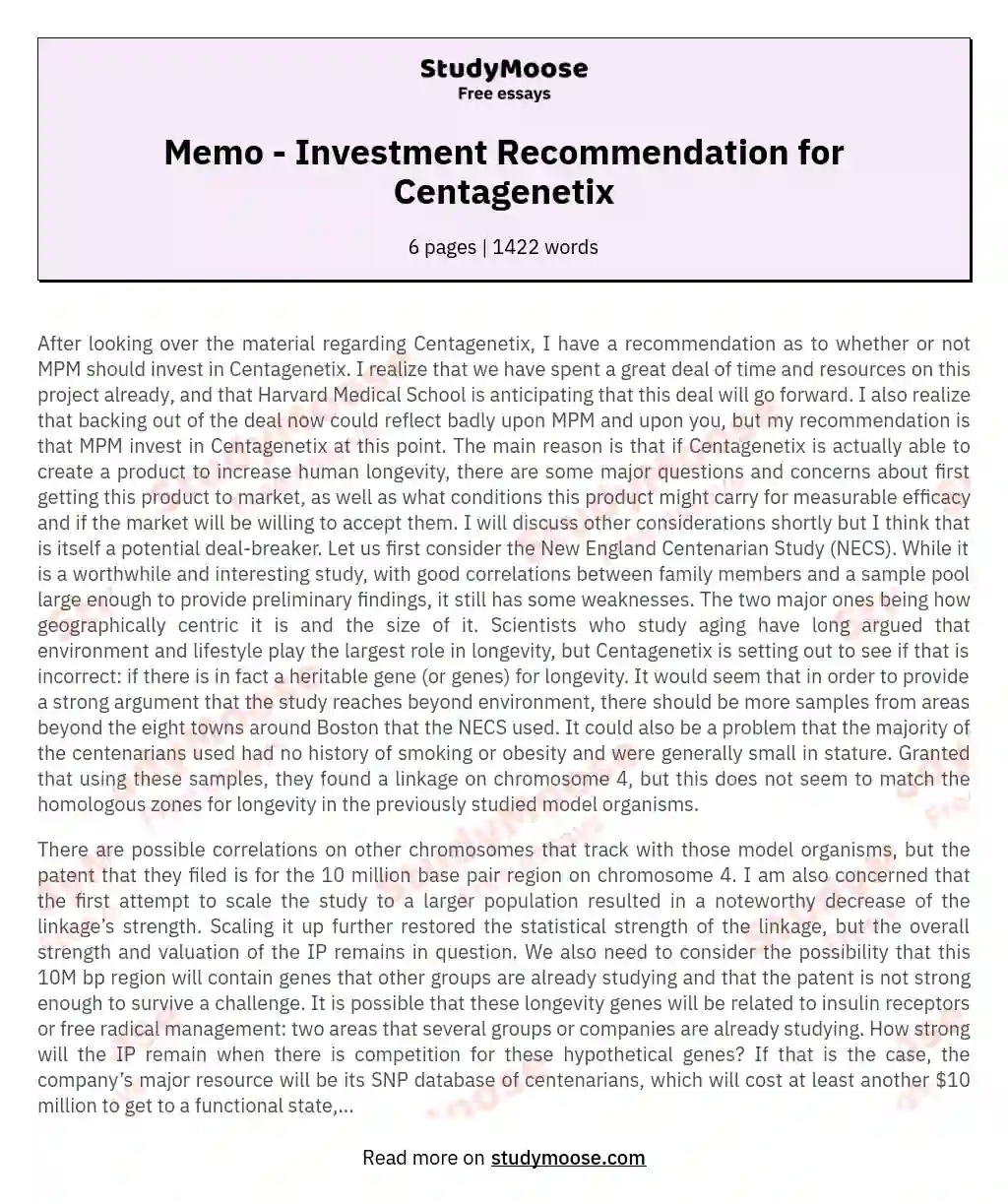 Memo - Investment Recommendation for Centagenetix