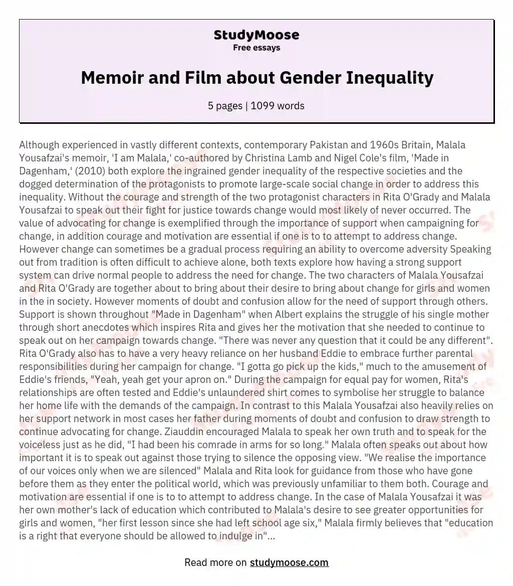 Memoir and Film about Gender Inequality essay