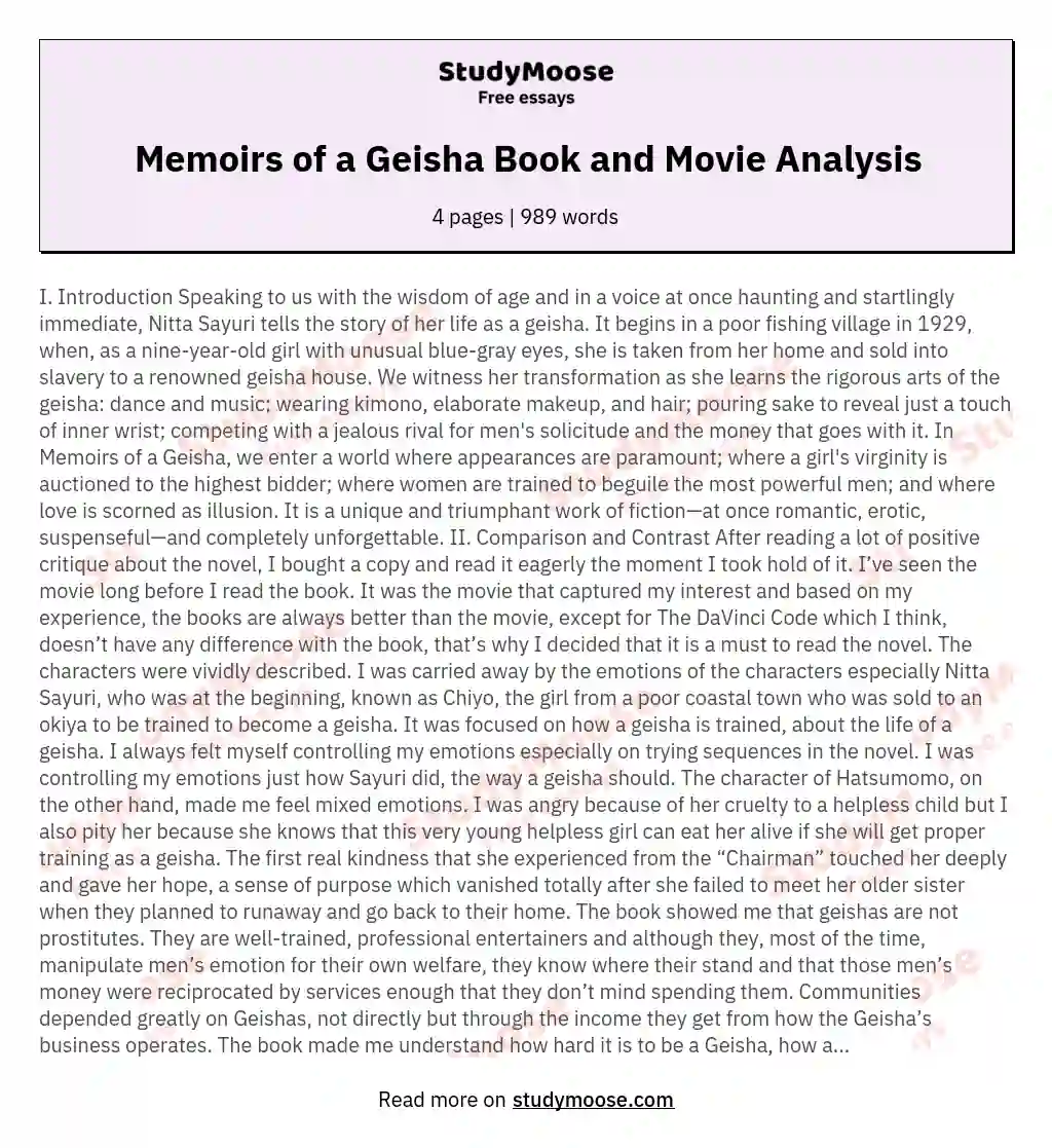 Memoirs of a Geisha Book and Movie Analysis essay