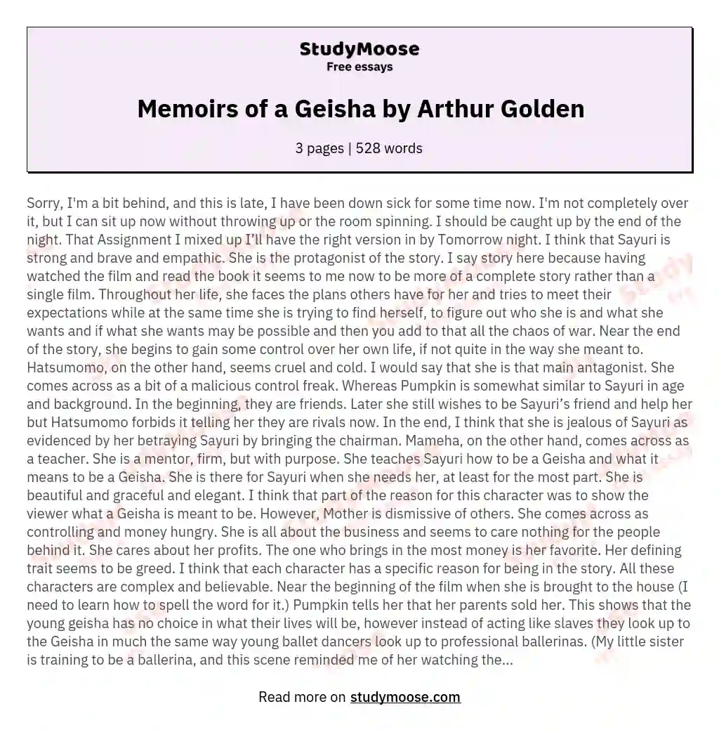 Memoirs of a Geisha by Arthur Golden essay