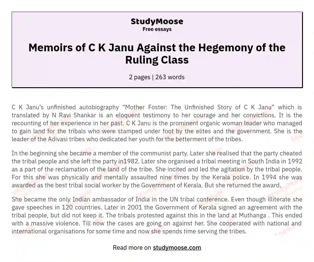 Memoirs of C K Janu Against the Hegemony of the Ruling Class