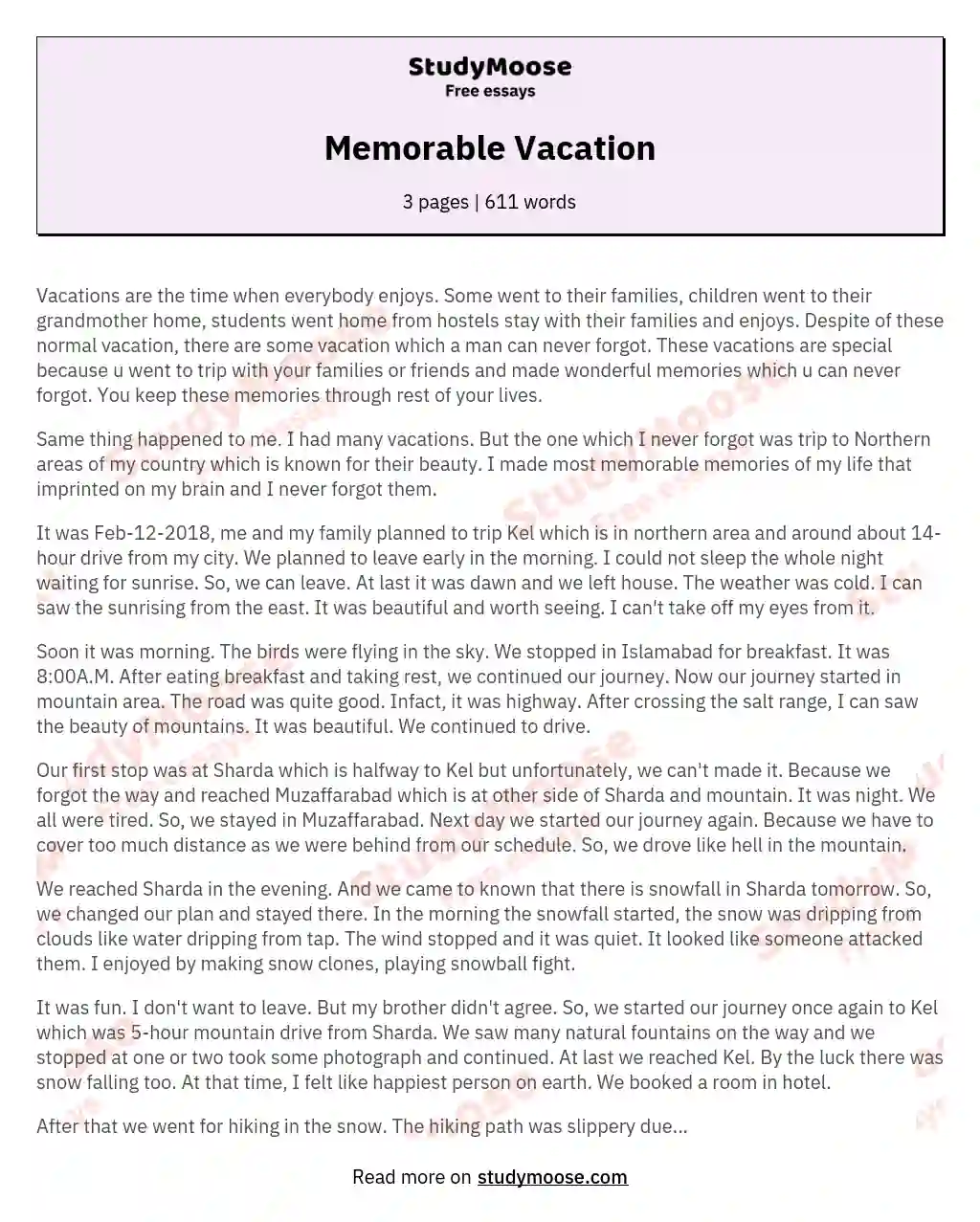 my unforgettable vacation essay