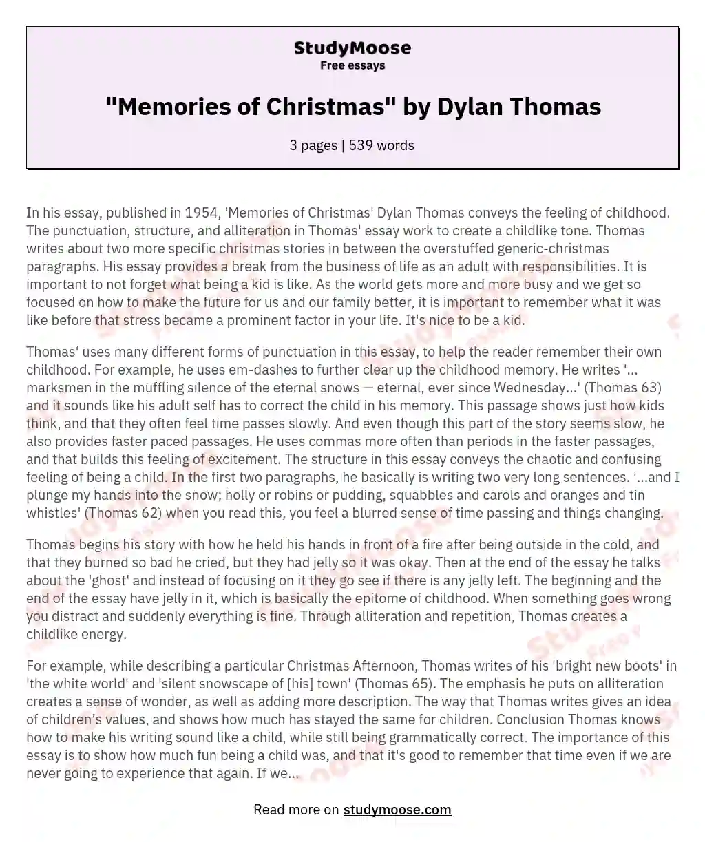 "Memories of Christmas" by Dylan Thomas essay