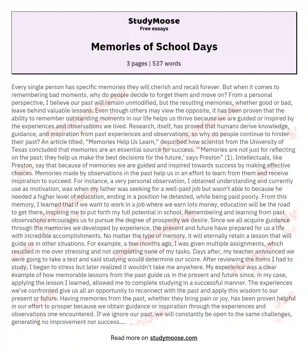 Memories of School Days essay