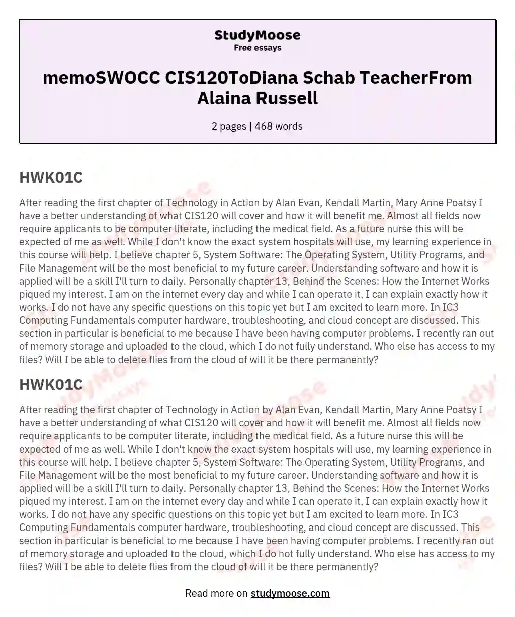 memoSWOCC CIS120ToDiana Schab TeacherFrom Alaina Russell essay