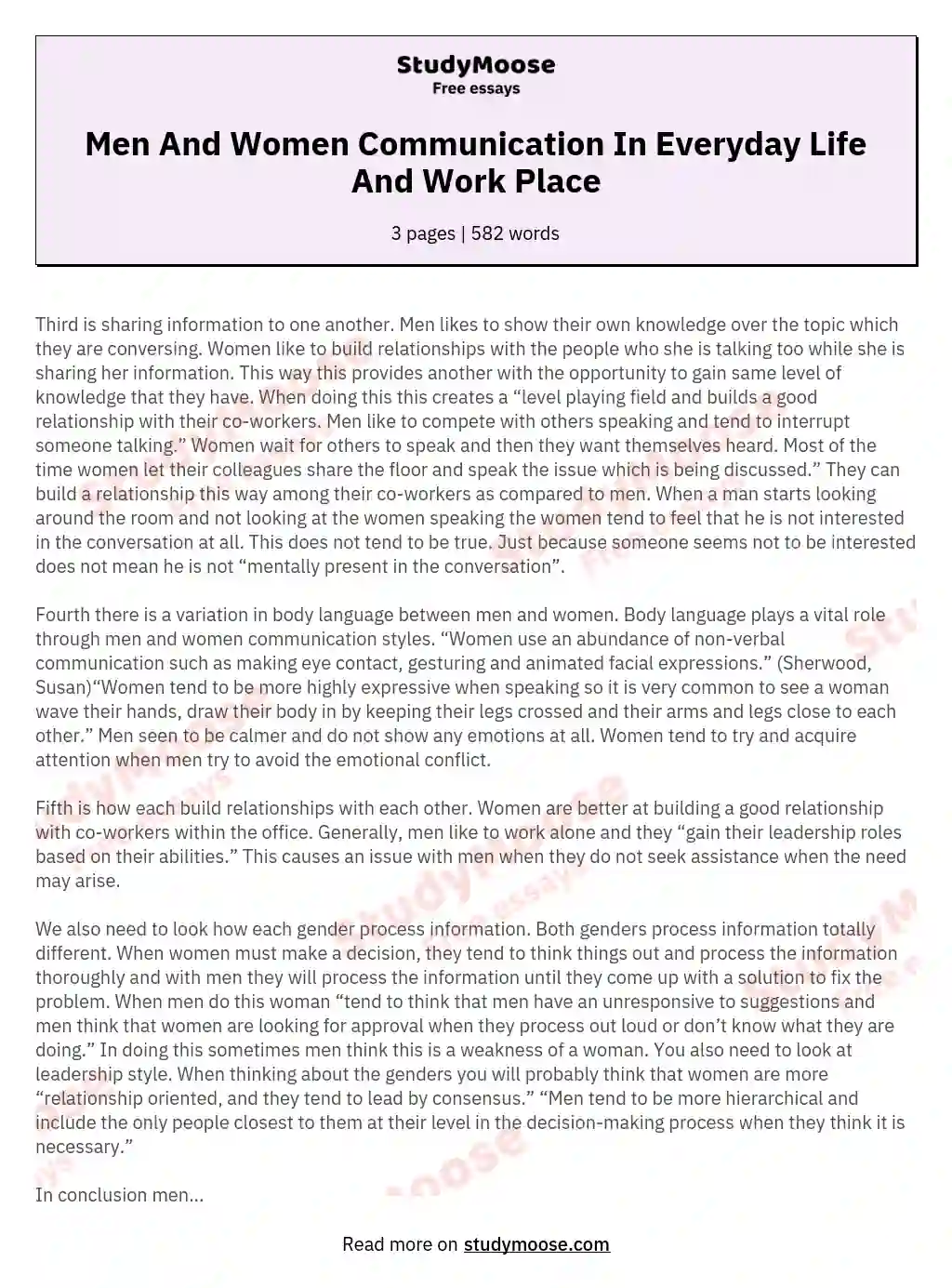 Men And Women Communication In Everyday Life And Work Place essay