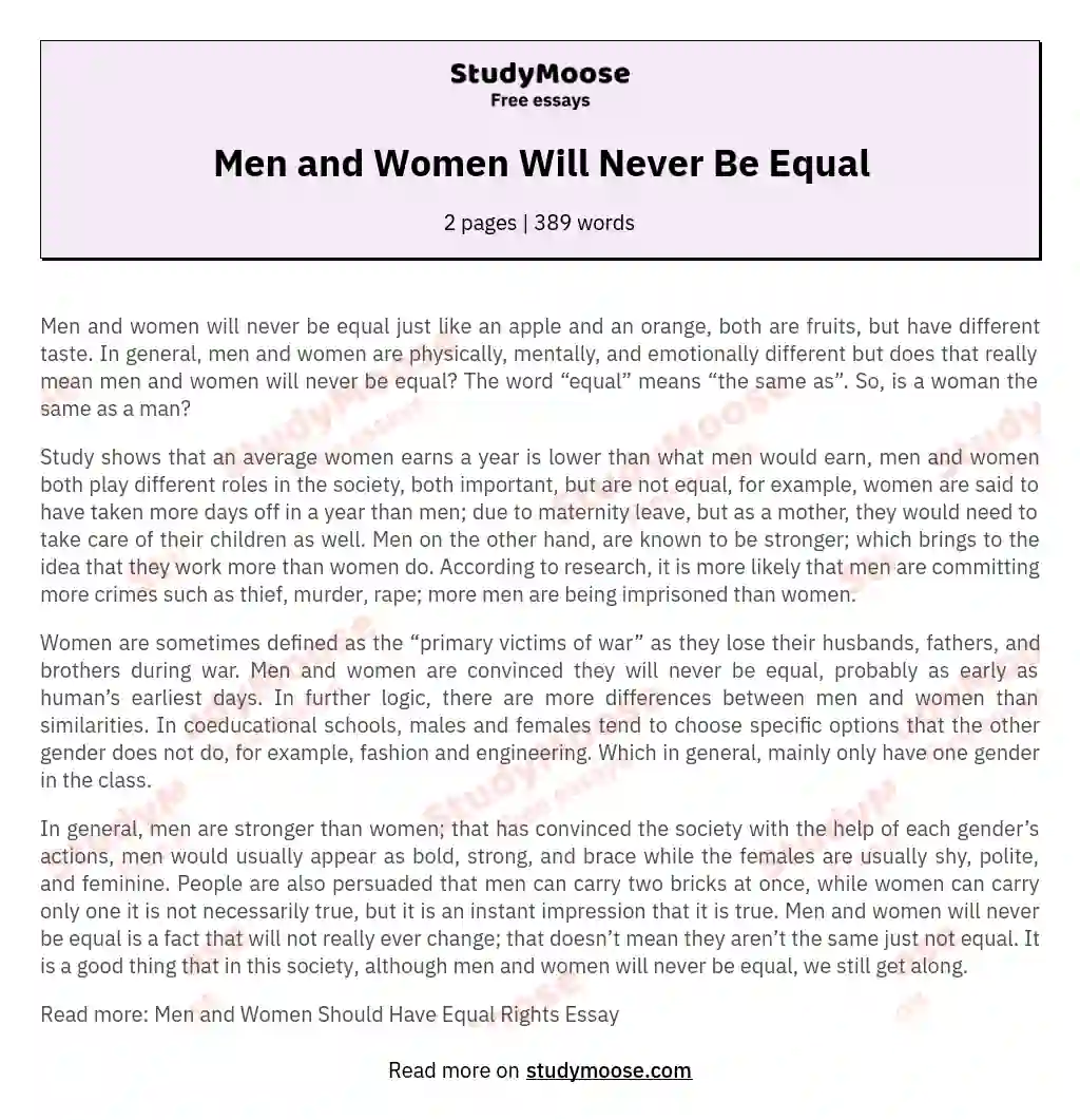 Men and Women Will Never Be Equal essay