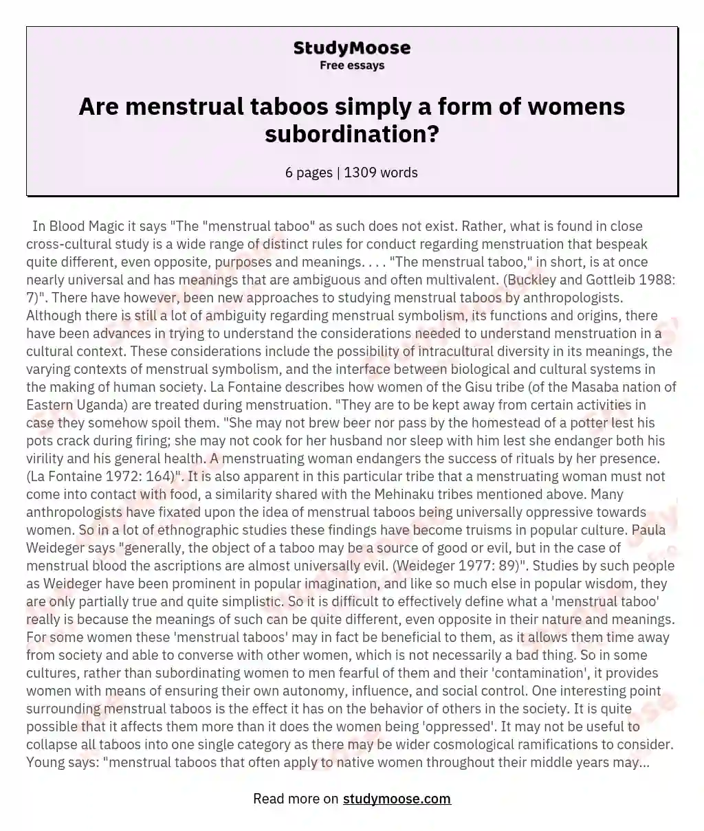 Are menstrual taboos simply a form of womens subordination? essay