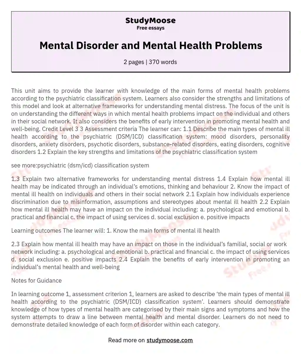 Mental Disorder and Mental Health Problems