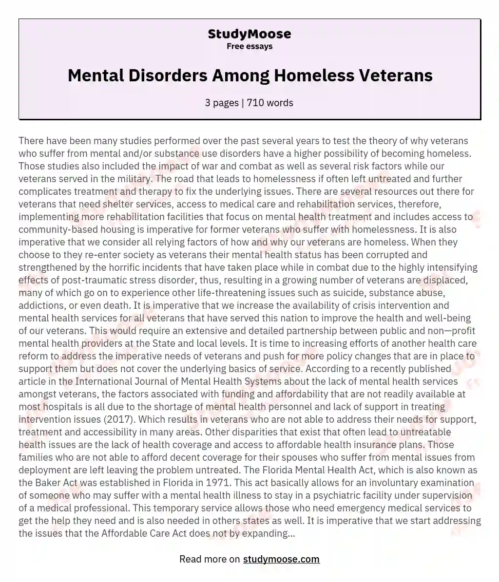Mental Disorders Among Homeless Veterans essay
