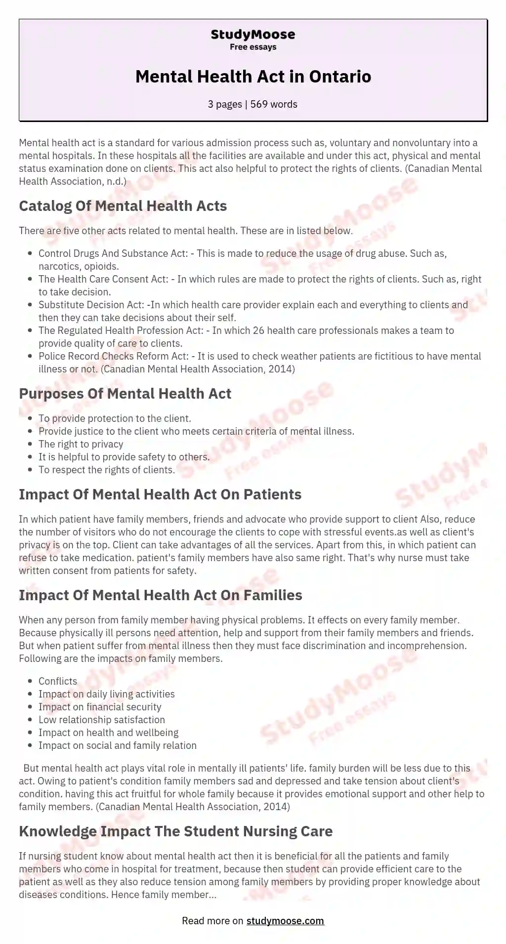 Mental Health Act in Ontario essay