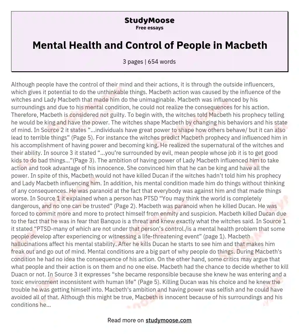 Mental Health and Control of People in Macbeth