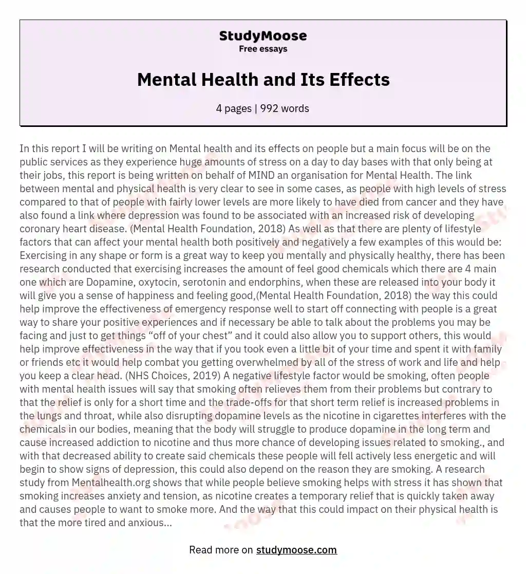 Mental Health and Its Effects essay