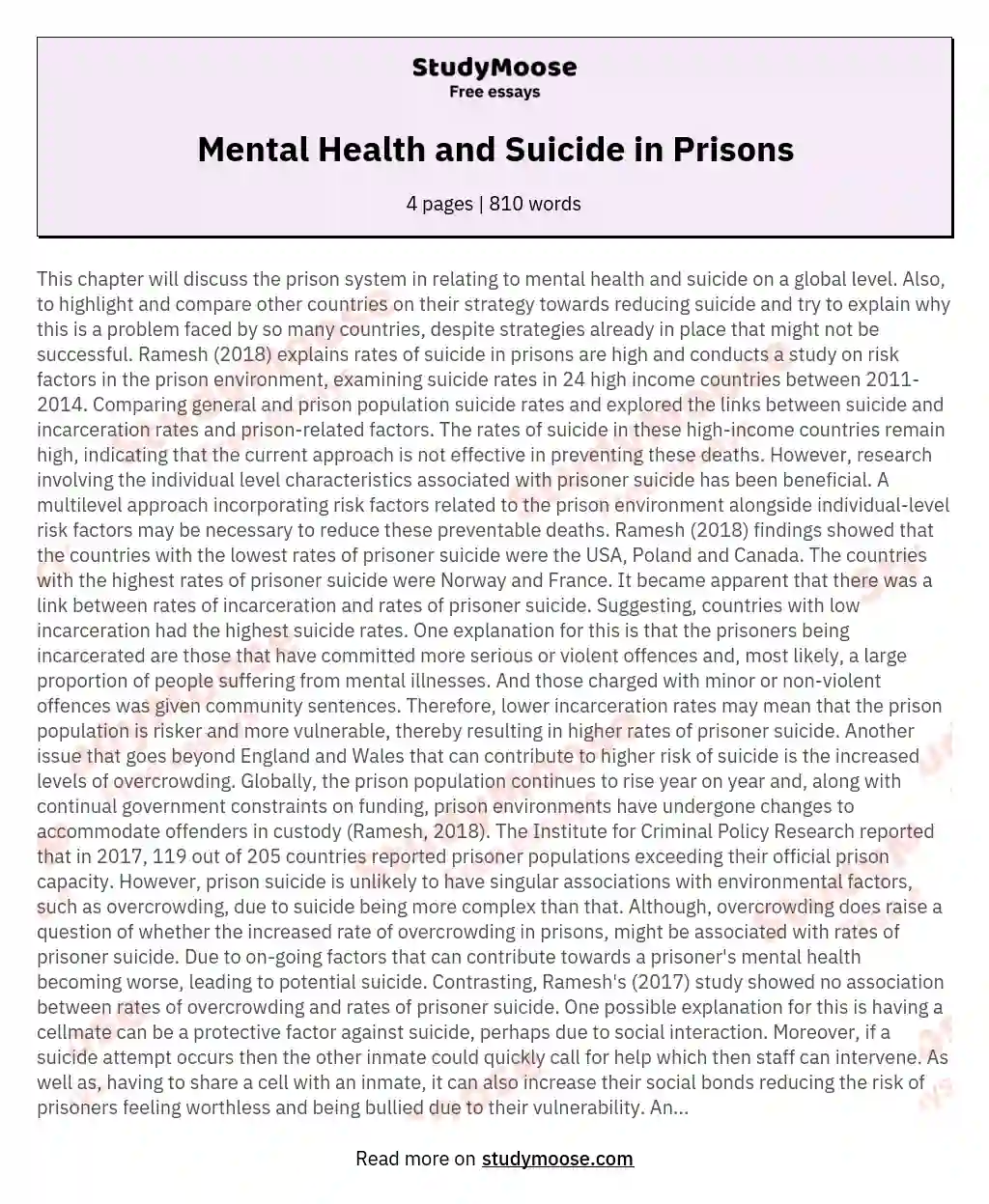 Mental Health and Suicide in Prisons essay