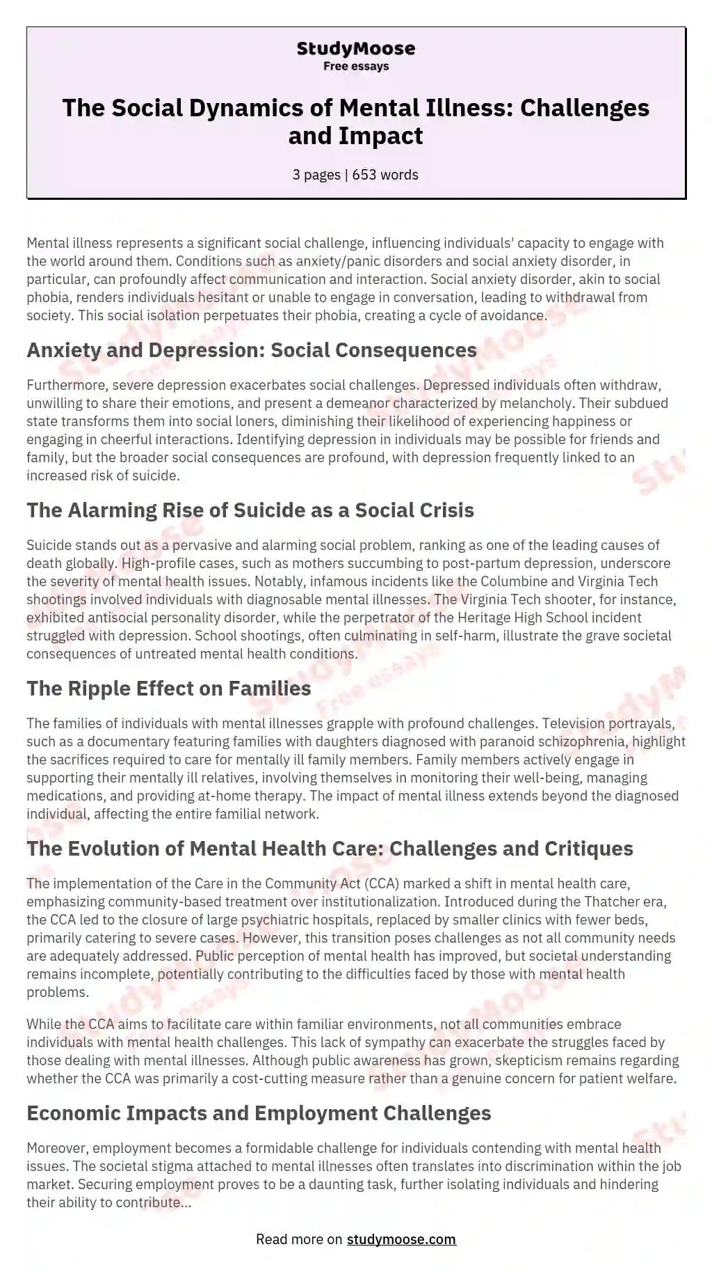 The Social Dynamics of Mental Illness: Challenges and Impact essay