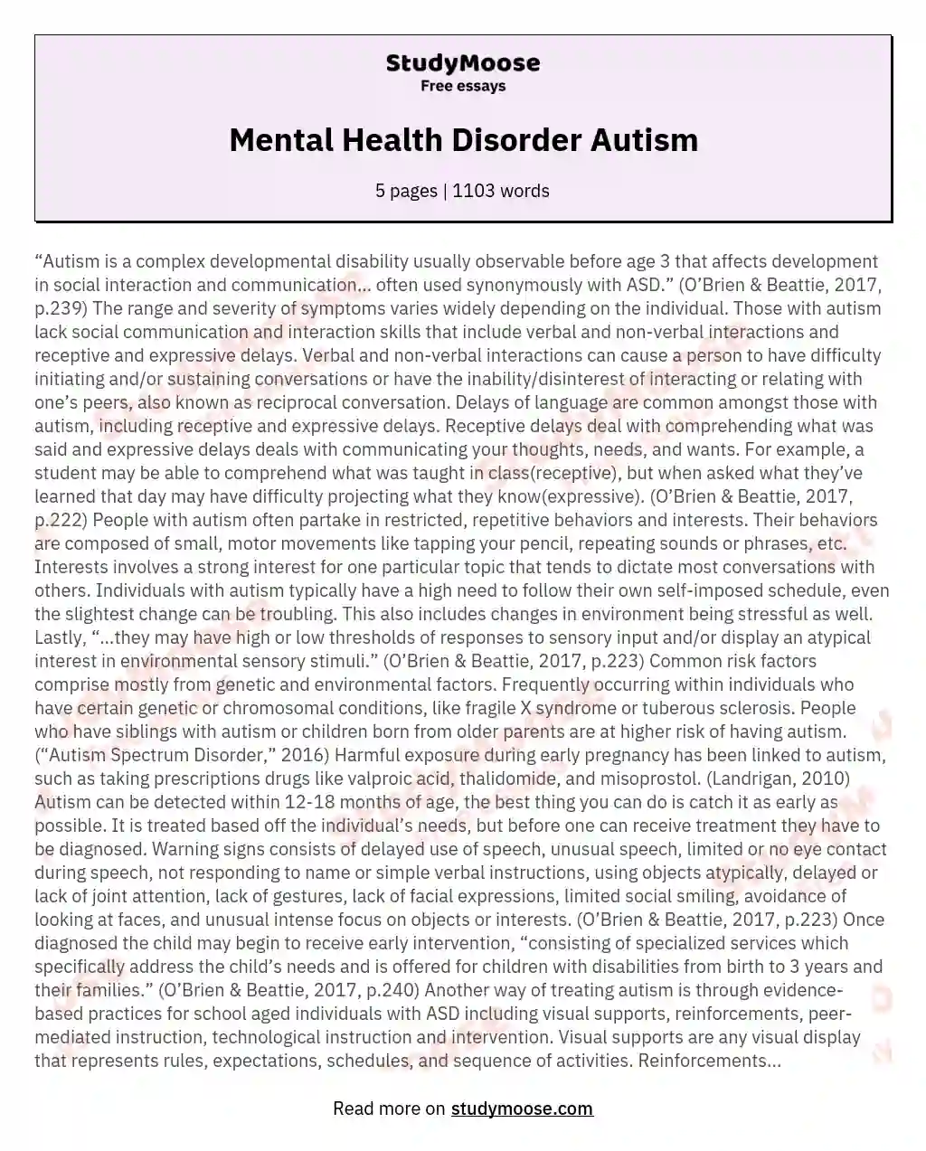 Mental Health Disorder Autism essay
