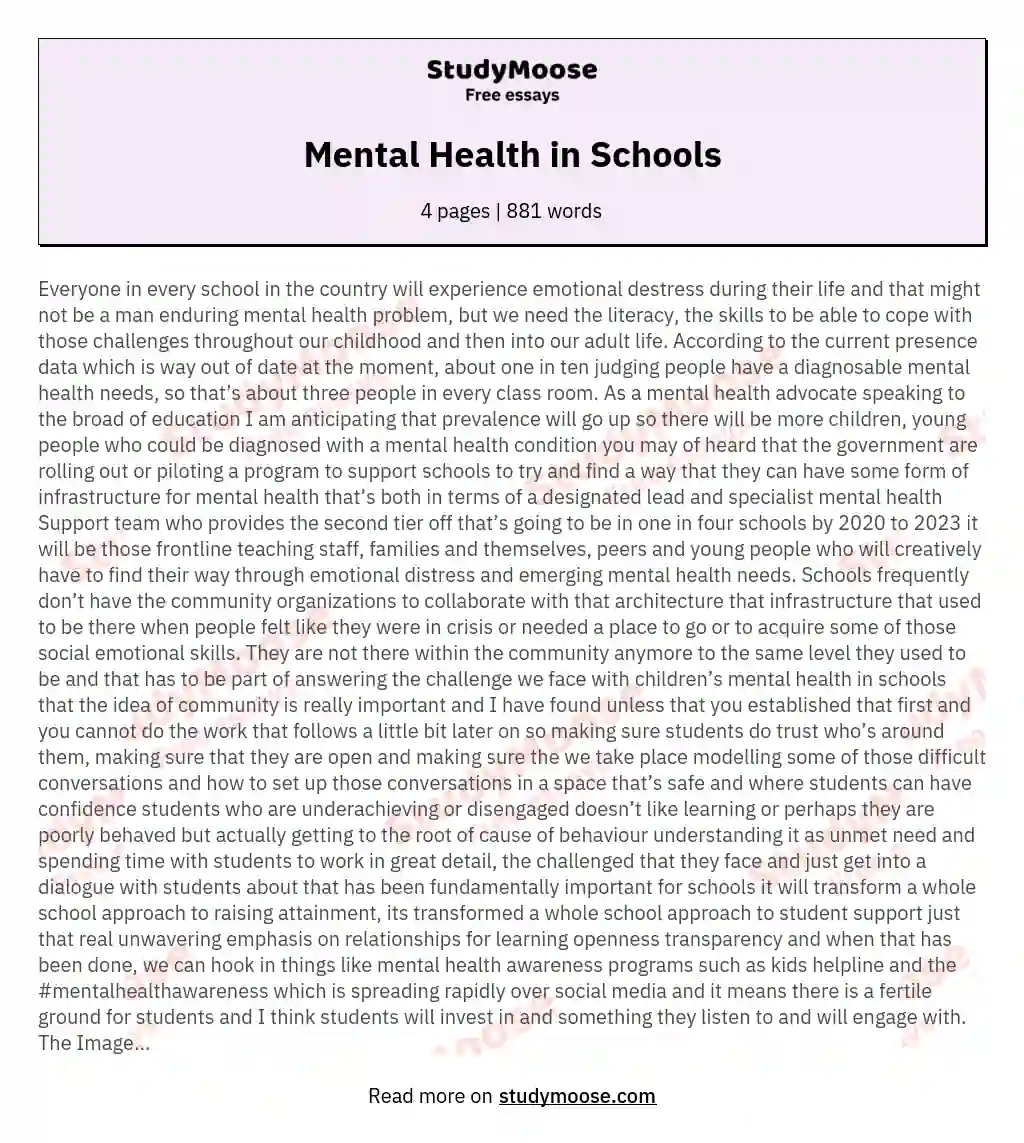 Mental Health in Schools essay