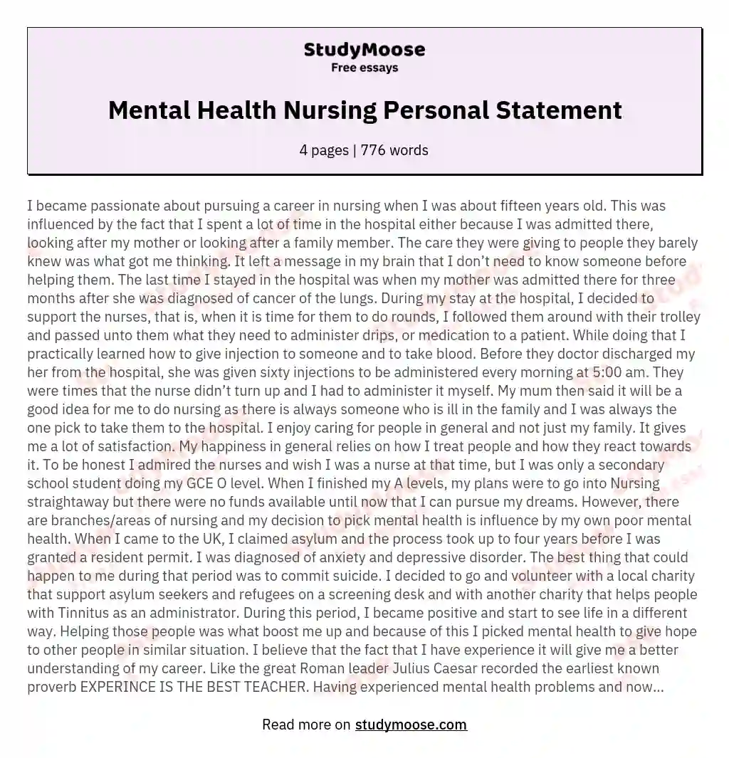 Mental Health Nursing Personal Statement essay