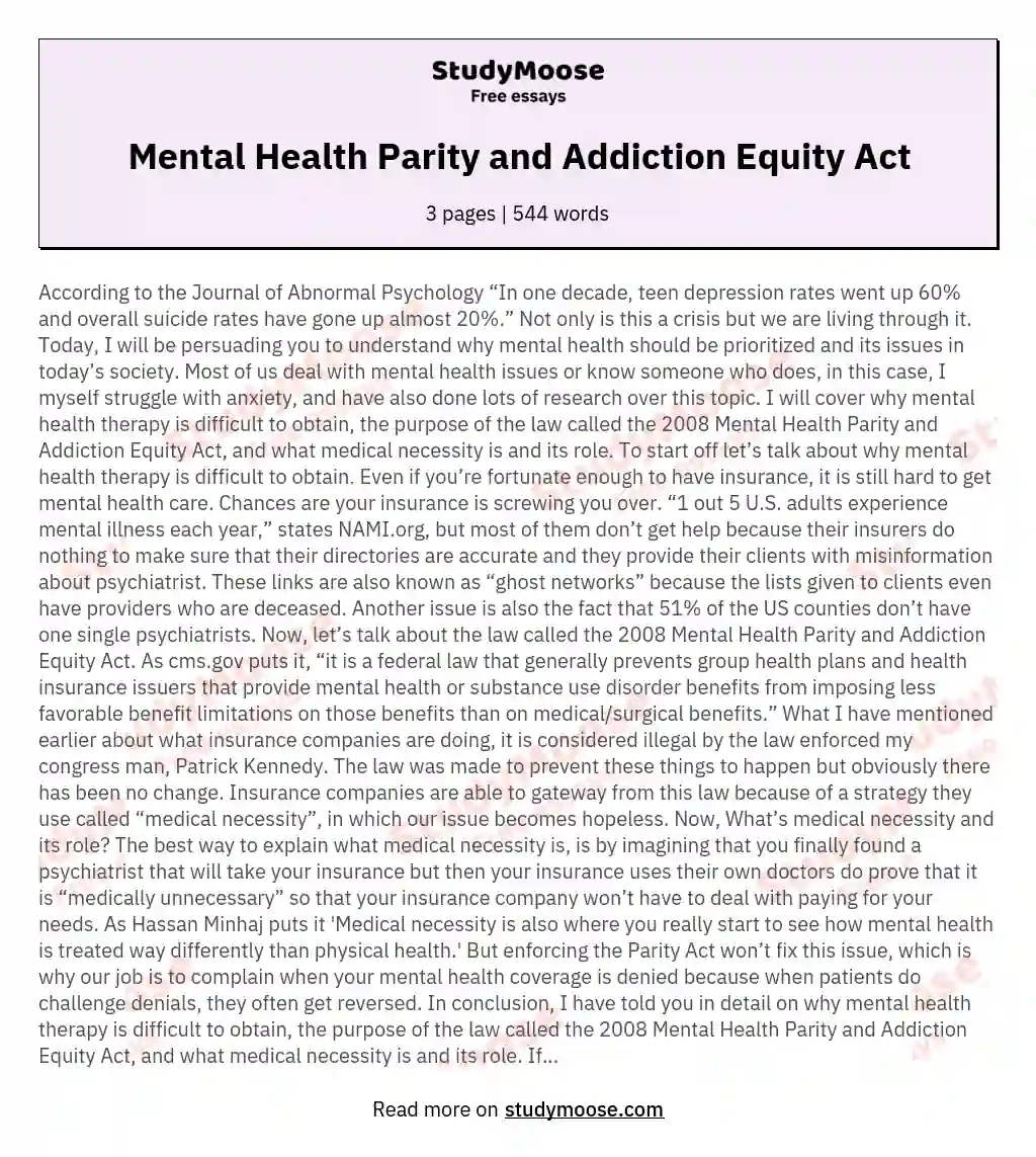 Mental Health Parity and Addiction Equity Act essay